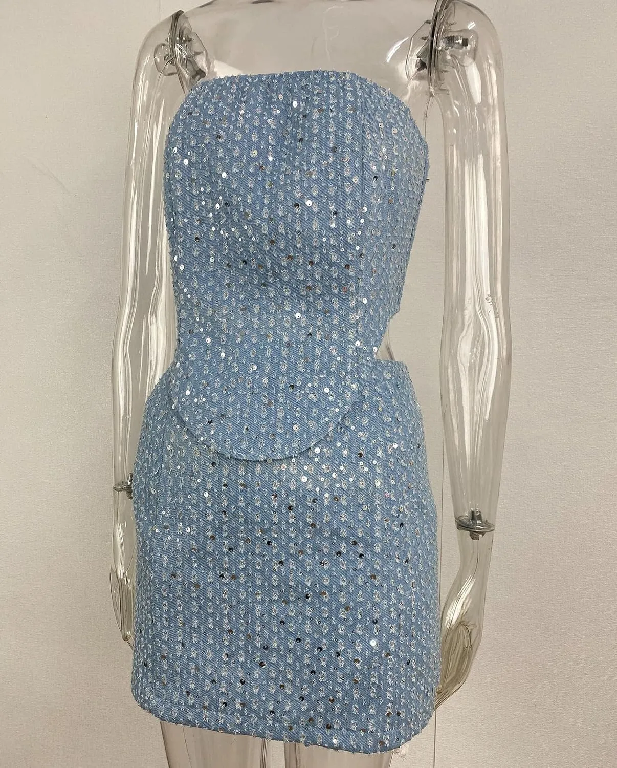 Womens Sequin 2 Piece Outfit Sexy Bandeau Tube Tops Distressed Denim Mini Skirt Sets