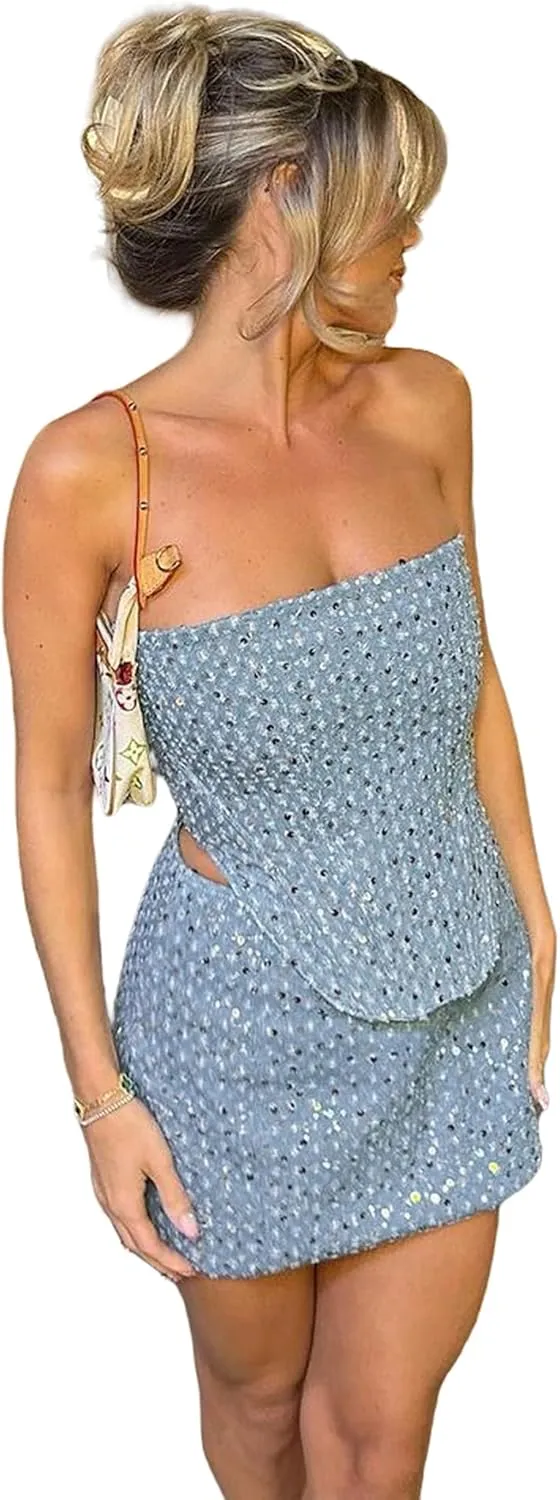 Womens Sequin 2 Piece Outfit Sexy Bandeau Tube Tops Distressed Denim Mini Skirt Sets