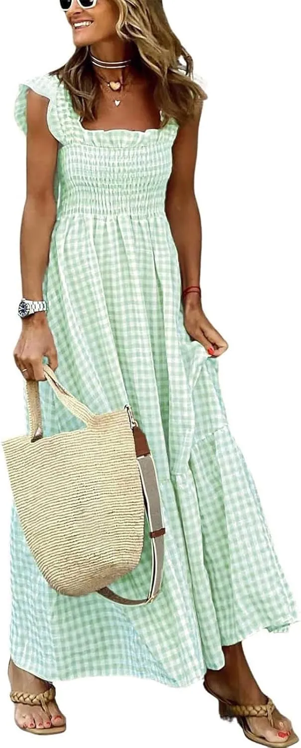 Women's Sleeveless Strap Retro Plaid A-Line Smocked Maxi Long Dress with Ruffled Hem