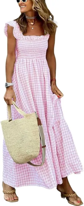 Women's Sleeveless Strap Retro Plaid A-Line Smocked Maxi Long Dress with Ruffled Hem