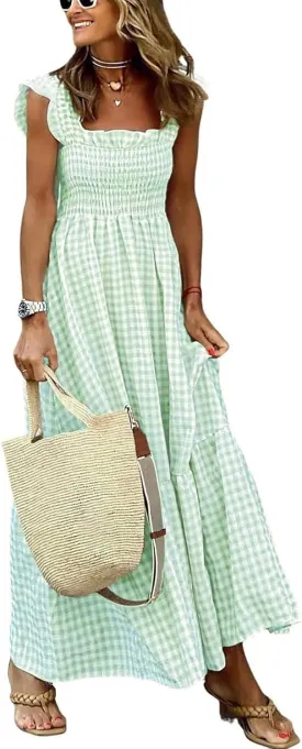 Women's Sleeveless Strap Retro Plaid A-Line Smocked Maxi Long Dress with Ruffled Hem