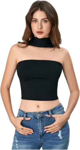 Women's Strapless Tube Tops Sleeveless Crop Bandeau Top with Scarf Y2K Going Out Outfit