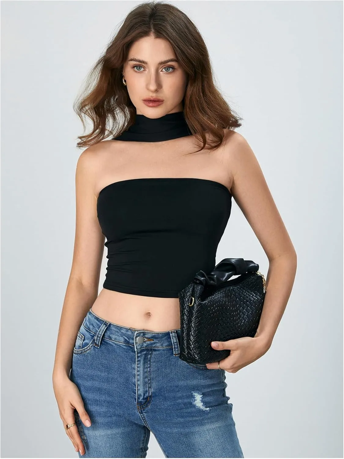 Women's Strapless Tube Tops Sleeveless Crop Bandeau Top with Scarf Y2K Going Out Outfit