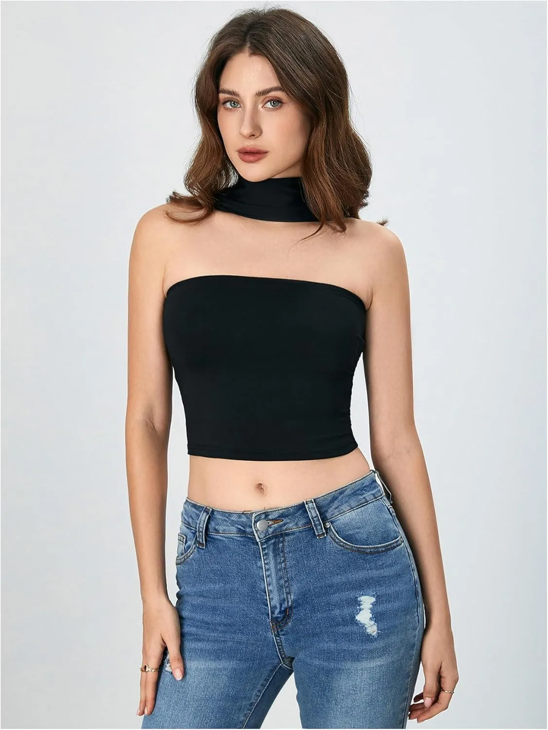Women's Strapless Tube Tops Sleeveless Crop Bandeau Top with Scarf Y2K Going Out Outfit