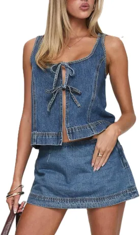 Womens Tie Front Denim Jean Vest Top and Mini Skirt 2-Piece Set Summer Trendy Going Out Outfits Clothes 2025
