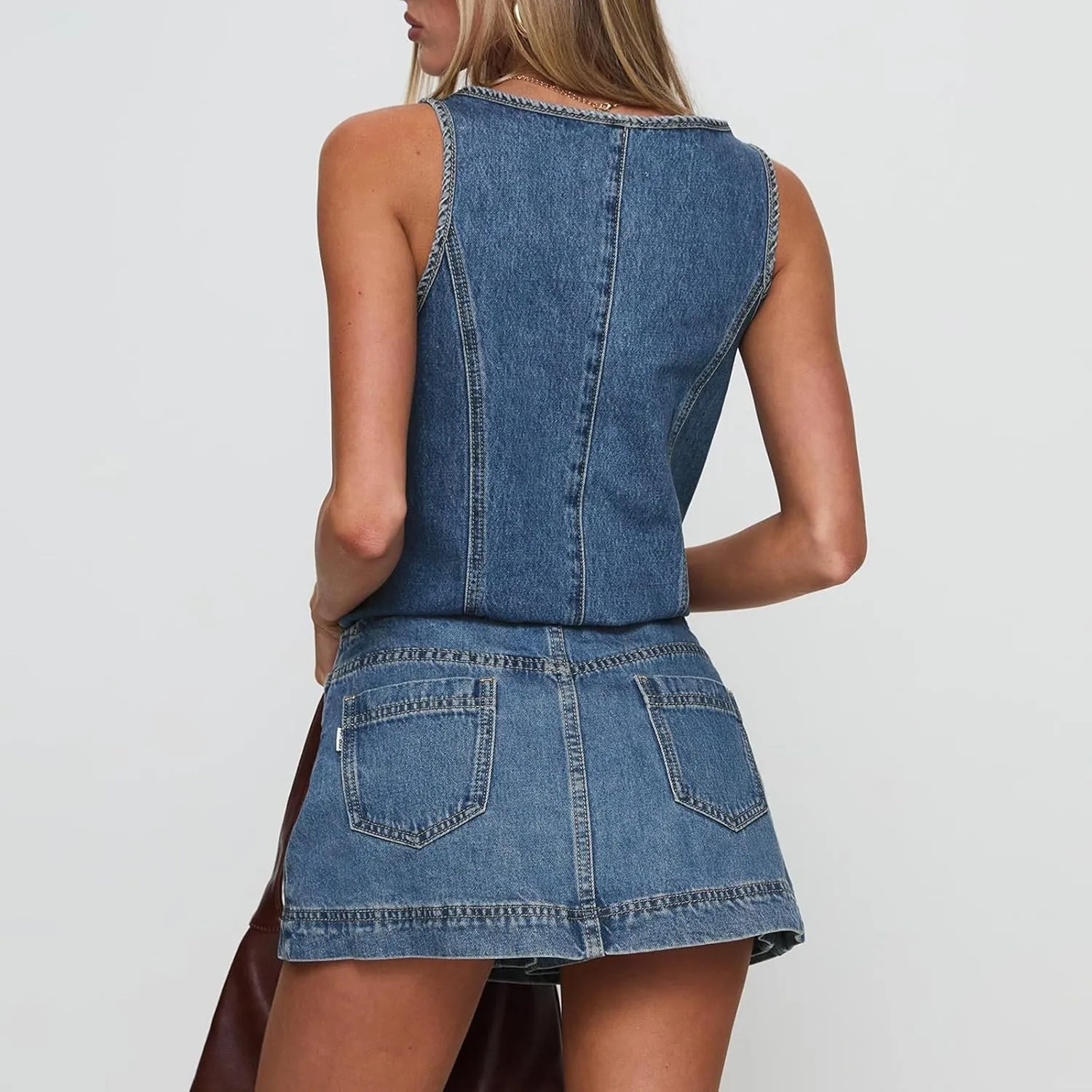 Womens Tie Front Denim Jean Vest Top and Mini Skirt 2-Piece Set Summer Trendy Going Out Outfits Clothes 2025