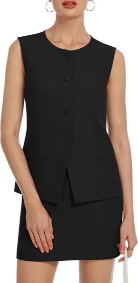 Womens Two Piece Blazer Outfits Skirt Set Button Down Vest Short Skort Crew Neck Summer Business Casual Suit