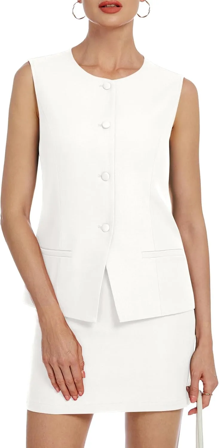 Womens Two Piece Blazer Outfits Skirt Set Button Down Vest Short Skort Crew Neck Summer Business Casual Suit