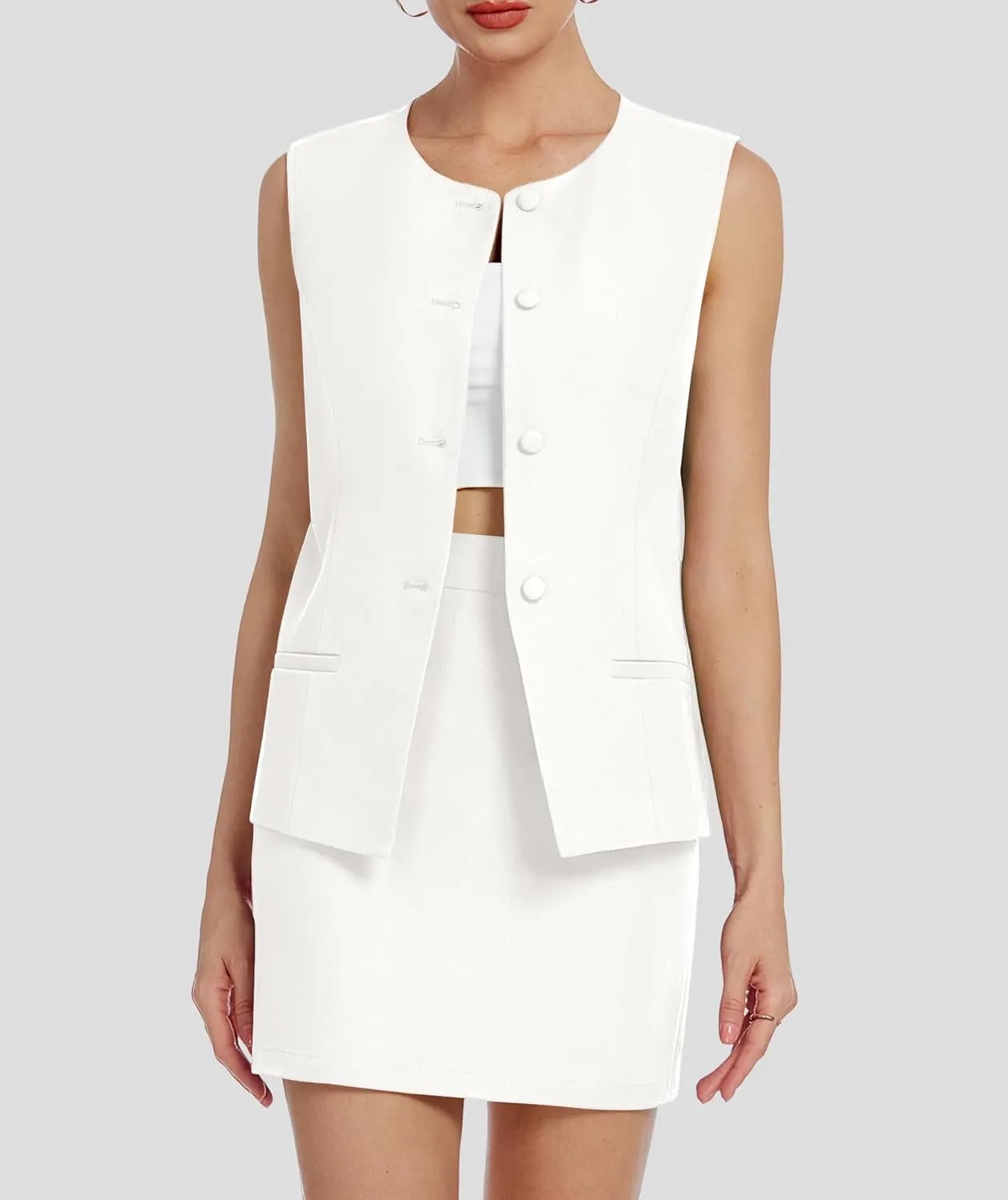 Womens Two Piece Blazer Outfits Skirt Set Button Down Vest Short Skort Crew Neck Summer Business Casual Suit