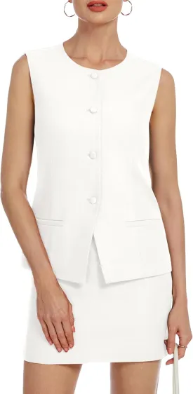 Womens Two Piece Blazer Outfits Skirt Set Button Down Vest Short Skort Crew Neck Summer Business Casual Suit