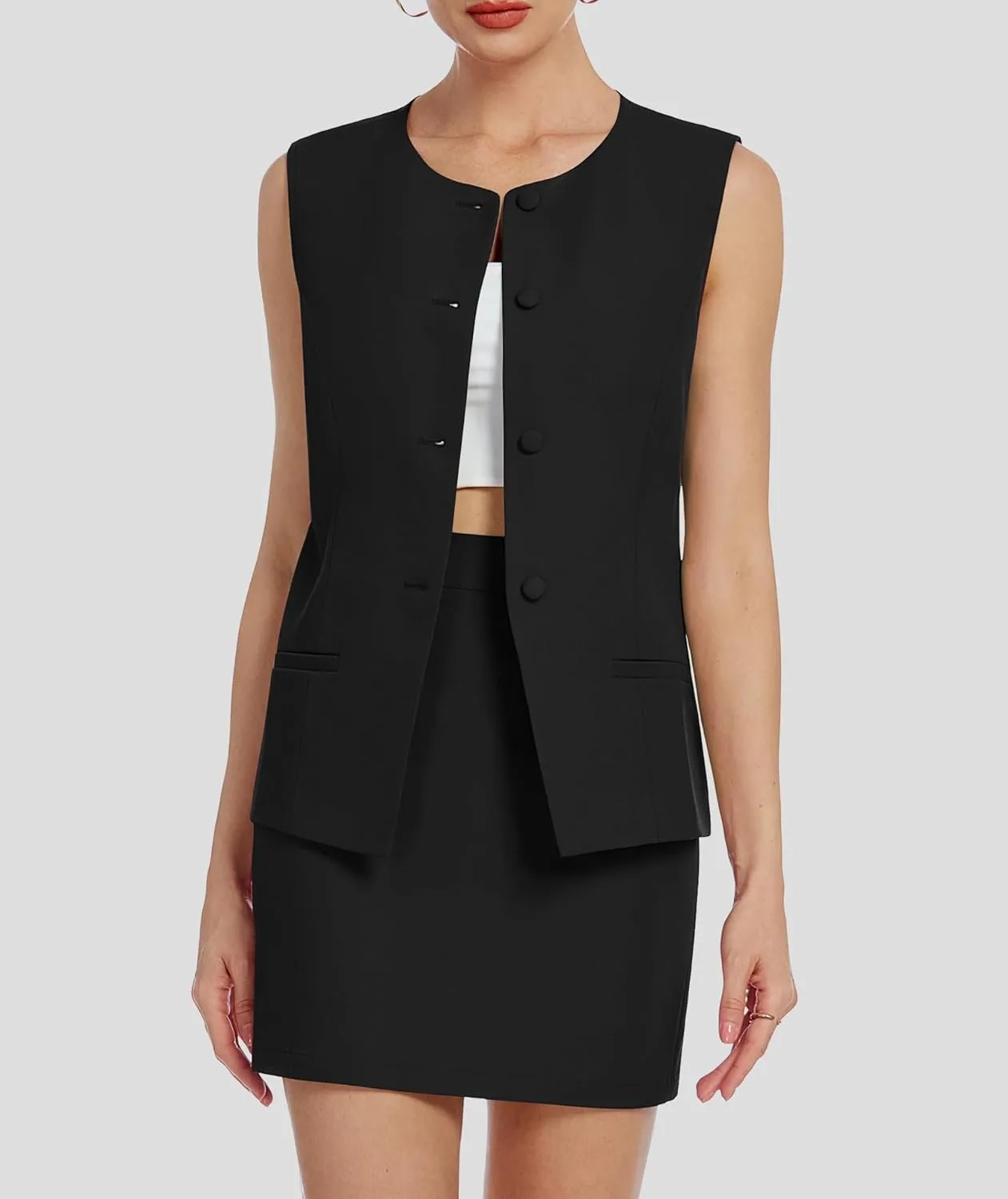 Womens Two Piece Blazer Outfits Skirt Set Button Down Vest Short Skort Crew Neck Summer Business Casual Suit