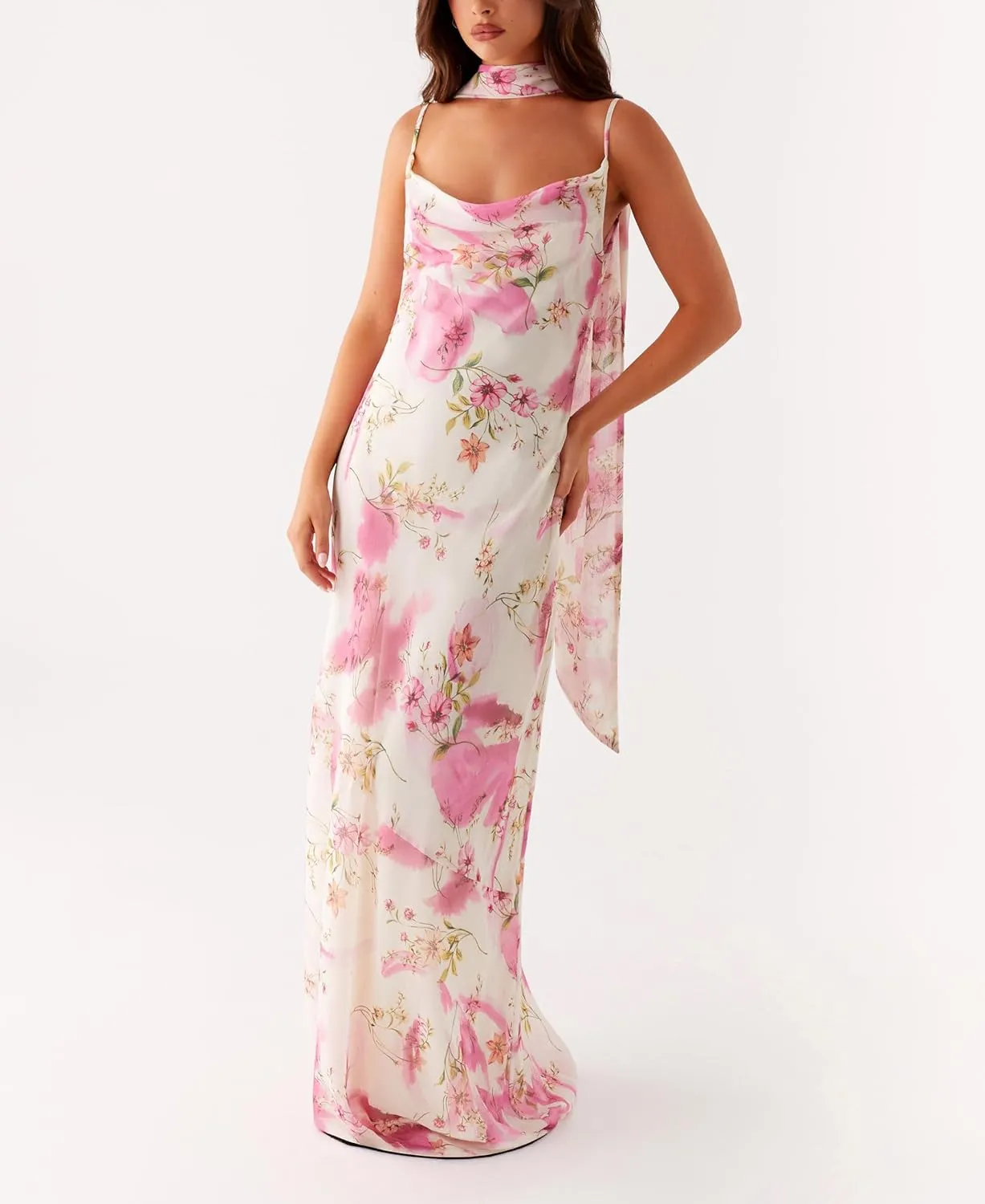 Y2k Spaghetti Strap Dress with Scarf Formal Backless Cutout Cocktail Long Dress Bow Tie Back Maxi Dresses for Women