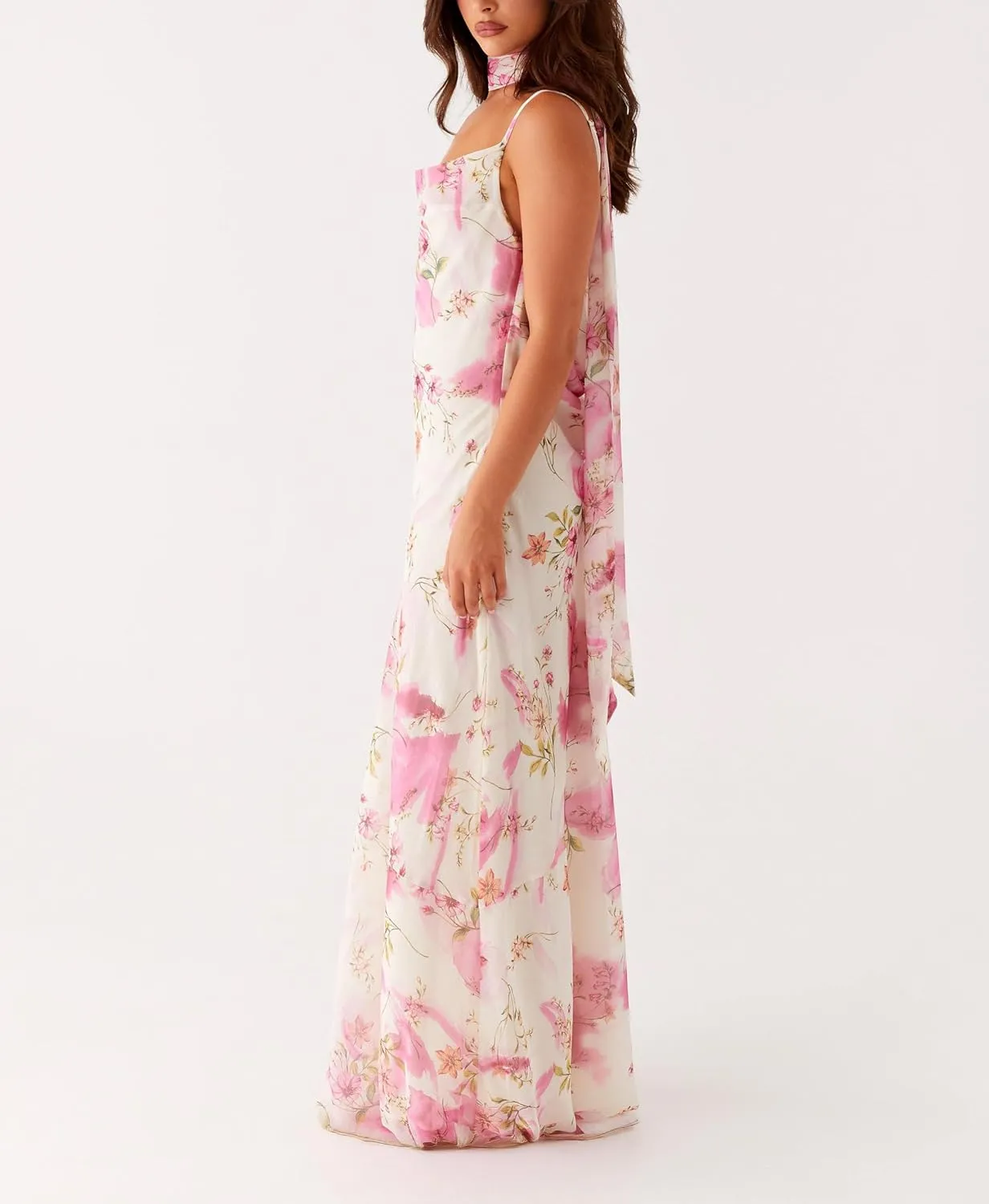 Y2k Spaghetti Strap Dress with Scarf Formal Backless Cutout Cocktail Long Dress Bow Tie Back Maxi Dresses for Women