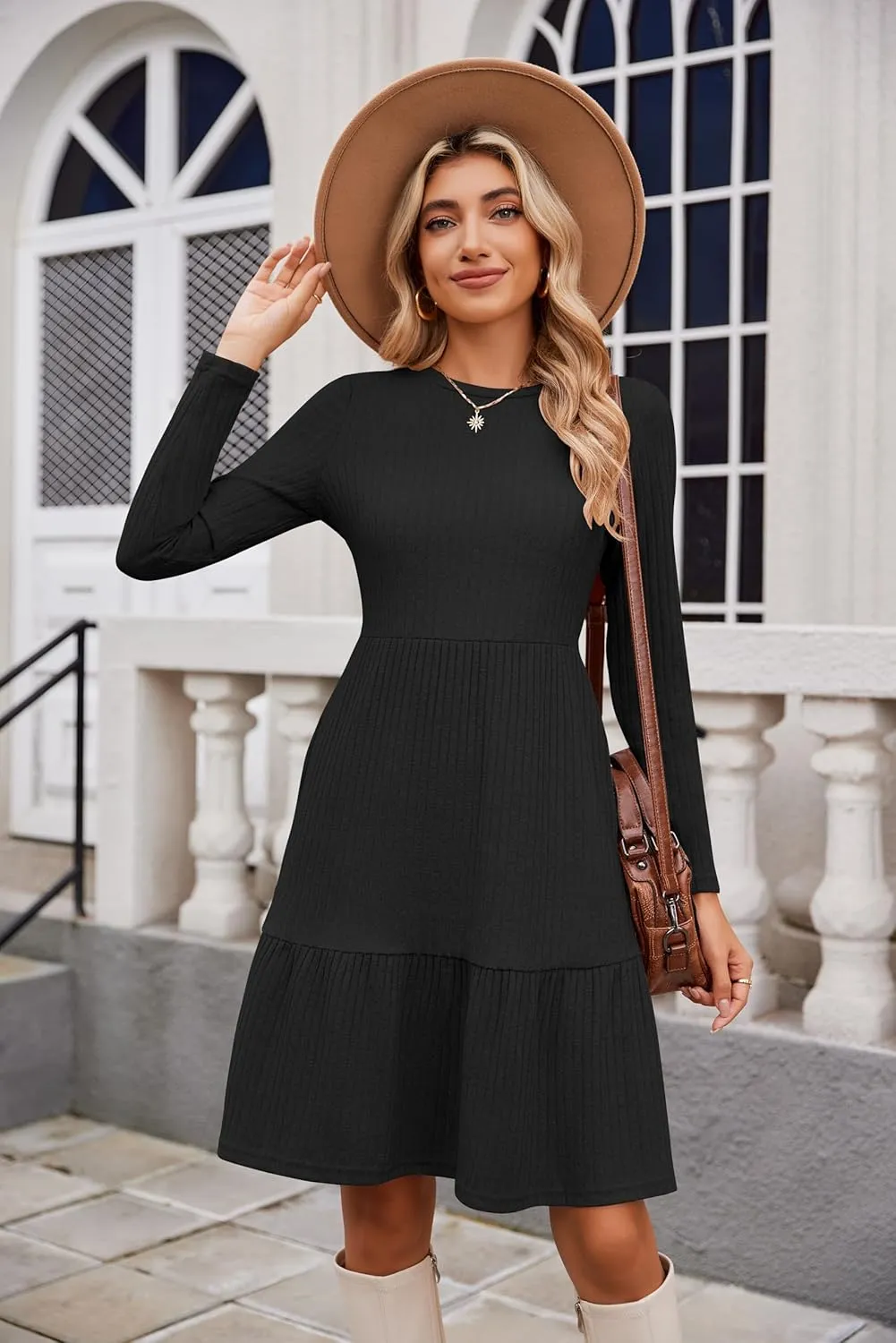 Zeagoo Womens Long Sleeve Fall Dresses with Pockets 2024 Ribbed Knit Casual Crew Neck Knee Length Sweater Dress
