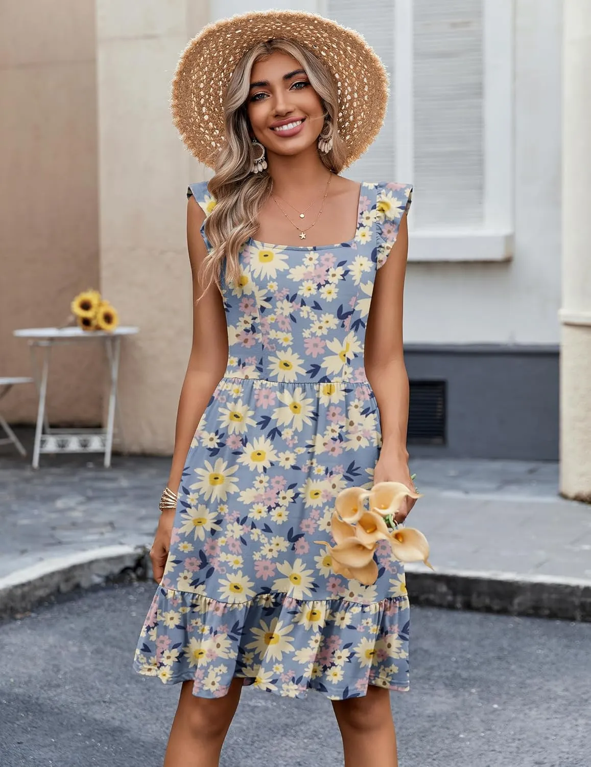 Zeagoo Womens Summer Dress Casual Ruffle Tiered Floral Square Neck Sundresses Beach Boho Mini A-line Dress 2025 with Pockets